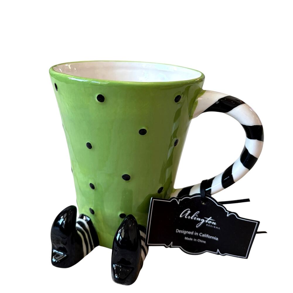 Arlington Designs WITCH LEGS Mug Green & Black Polka Dots Spooky Halloween NEW